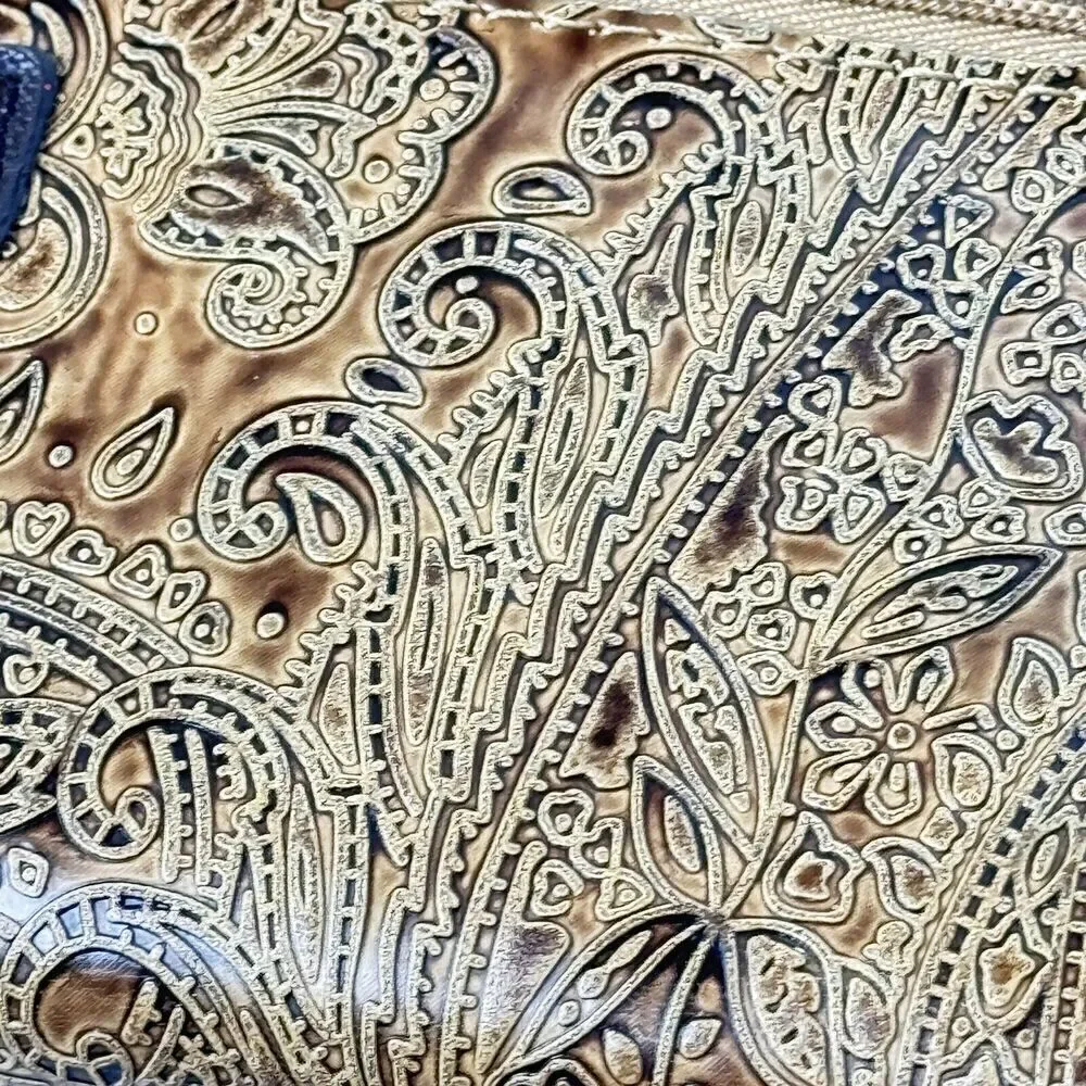Relic TriFold Wallet Checkbook Insert Brown Paisley Saddle Tooled Leather Boho
